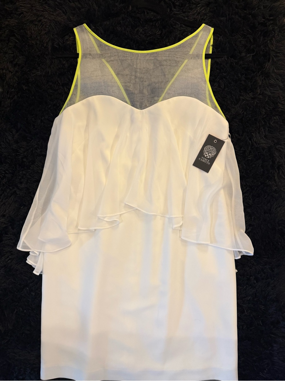 Vince Camuto White Chiffon Ruffle Dress Size 10 NWT $148 Sheer Mesh Neon Trim